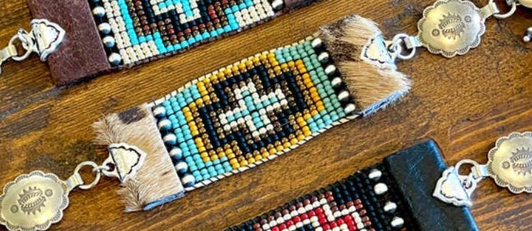 Cross Navajo pearl cuff Concho bracelet- Cherokee Collection (in hair/hide buckskin)