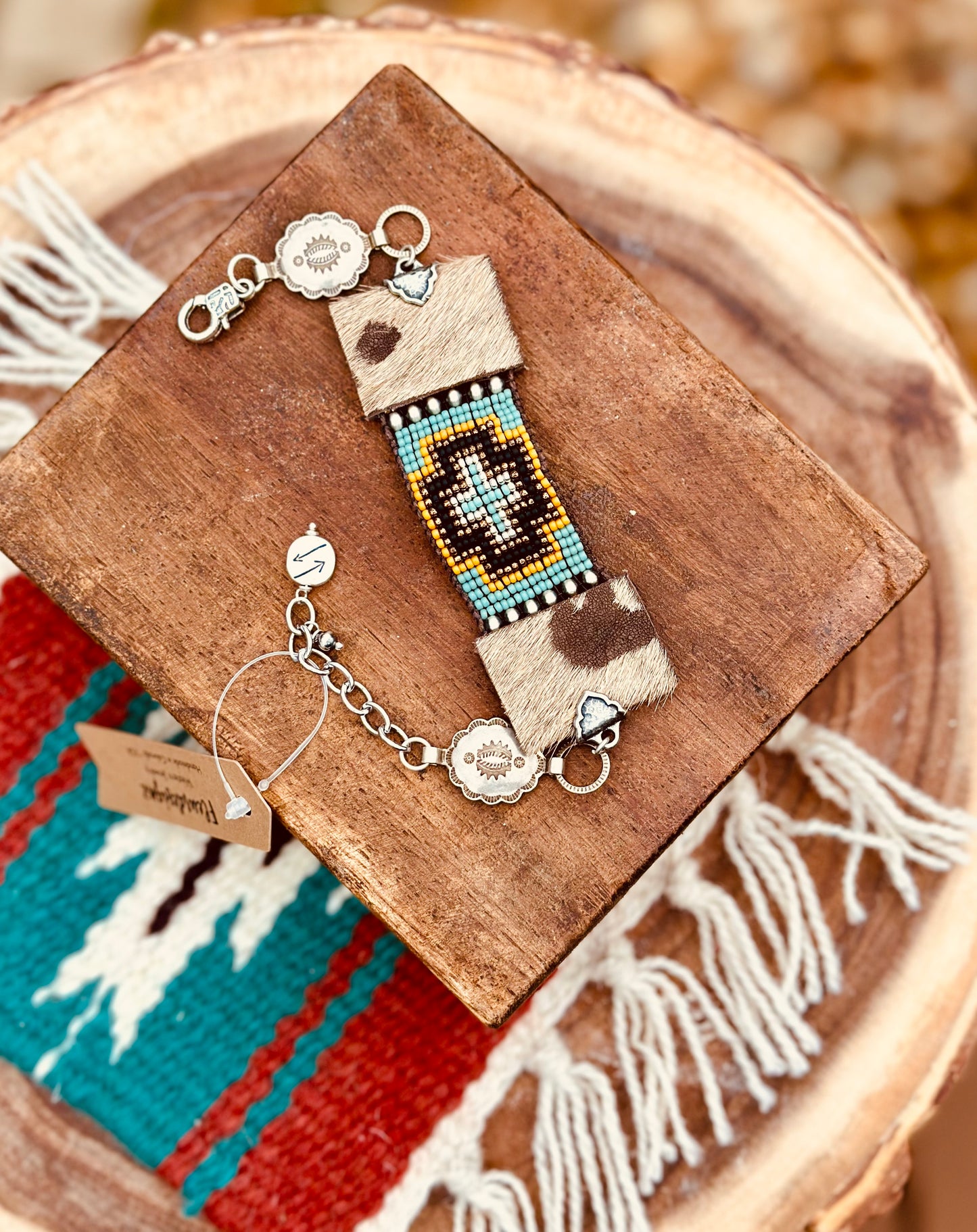 Cross Navajo pearl cuff Concho bracelet- Cherokee Collection (in hair/hide buckskin)