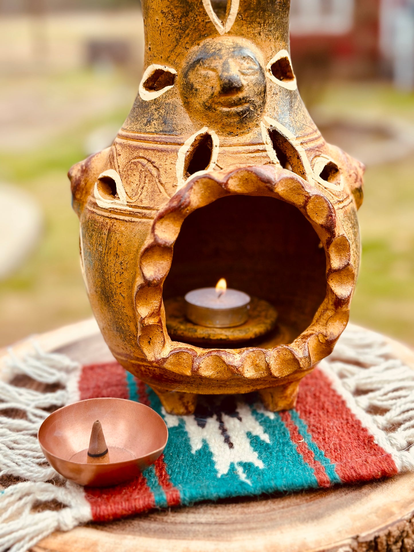 Hand painted small clay chiminea